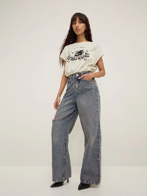 Nuon Blue Distressed Wide - Leg Fit High - Rise Jeans