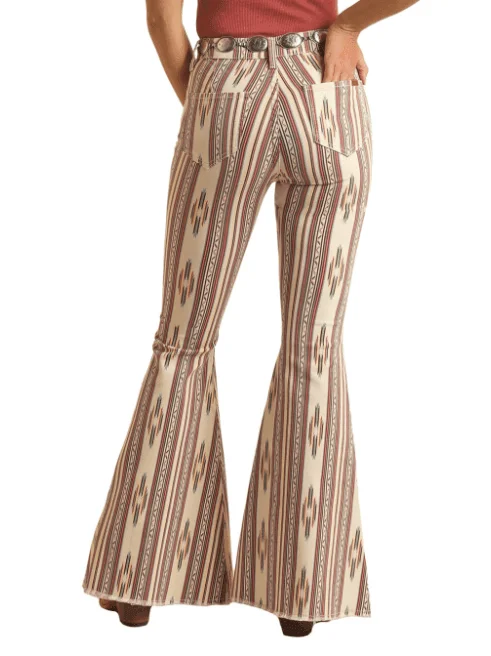 Rock & Roll Cowgirl Women's Natural Southwestern Aztec Stripe High Rise Stretch Flare Jeans BW7PD03988