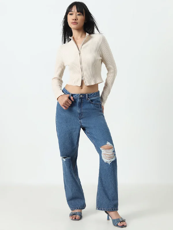 Nuon Blue Ripped Relaxed - Fit High - Rise Jeans