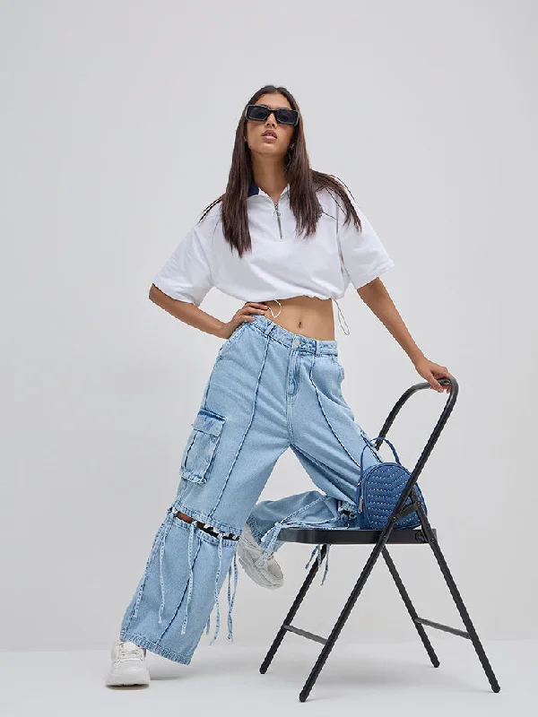 Nuon Light Blue  Cargo-Style Relaxed - Fit High - Rise Jeans