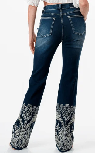 Grace in LA Women's Aztec Rhinestone High-Rise Boot Cut Jeans HB61799