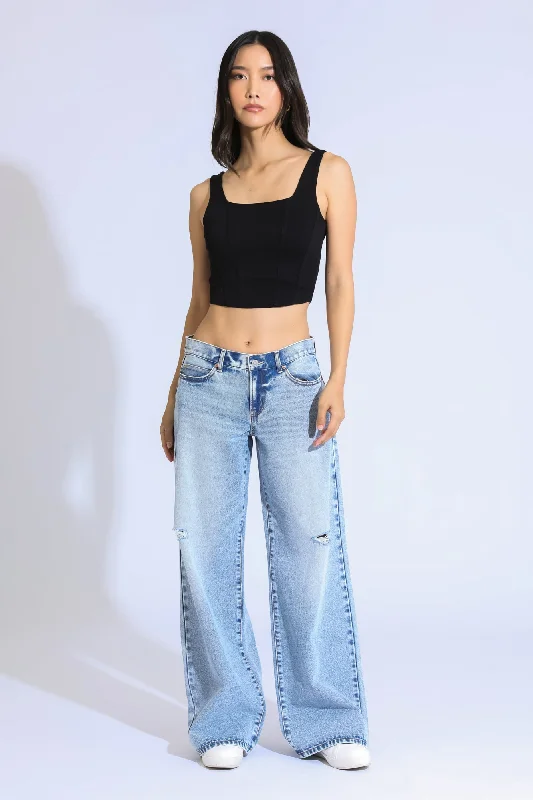 ASHLEY CLASSIC LOW RISE A-LINE BAGGY JEANS - LIGHT BLUE/BLACK