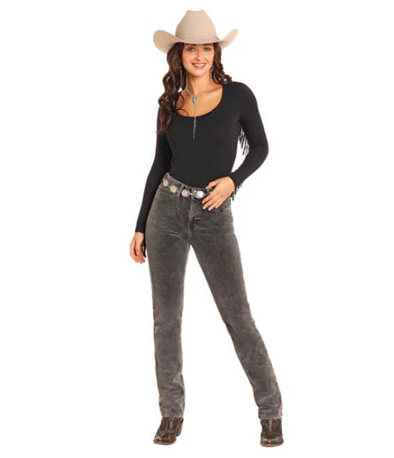 Rock & Roll Cowgirl Women's Charcoal Corduroy High Rise Slim Fit Modest Bootcut Jean BW1PD04757