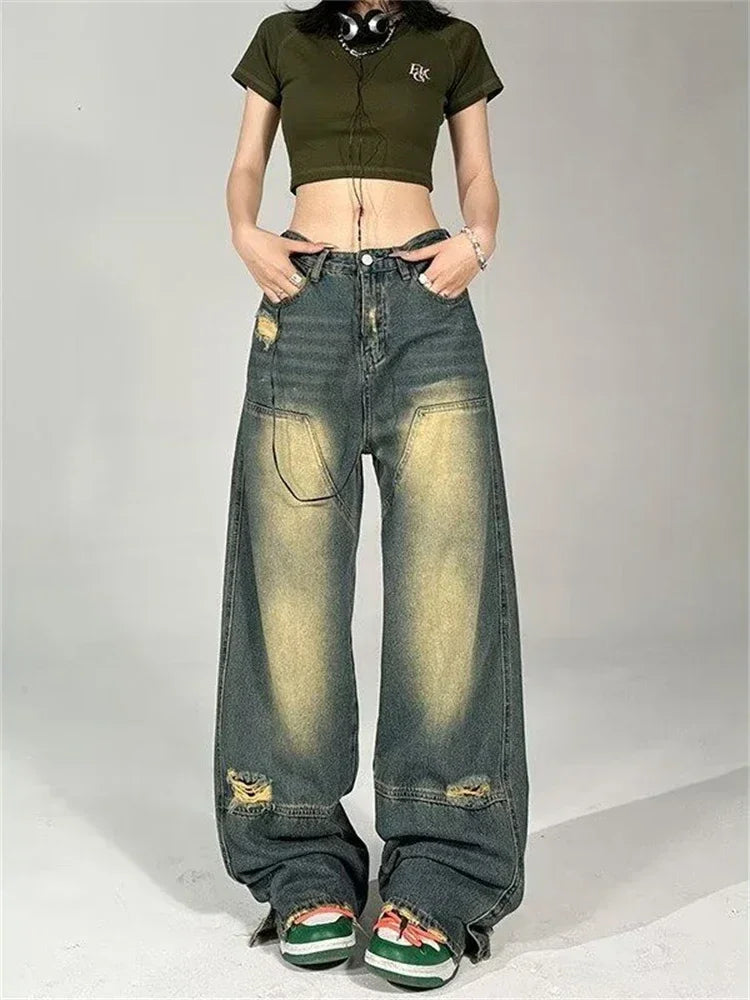 Broken Vintage Neutral Thin Straight Denim Street Jeans