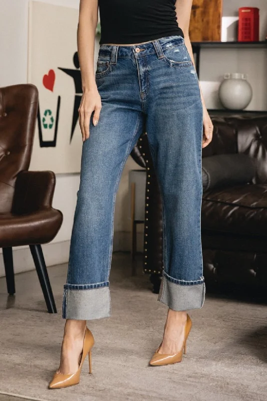 Cuffed Straight Ankle Jeans - Vintage Blue Black