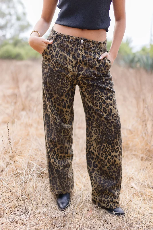 Giselle Mid Rise Leopard Print Denim Pants Brown