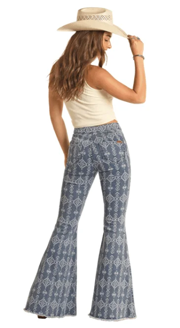 Rock & Roll Cowgirl Women's Aztec Indigo Bell Bottom Flare Jeans RRWD7PR1AY