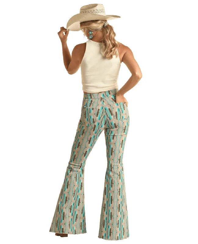 Rock & Roll Cowgirl High Rise Stretch Turquoise Aztec Bell Bottom Jeans RRWD7PR1AT