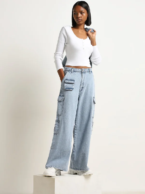 Nuon Light Blue Cargo-Style Mid - Rise Relaxed - Fit Jeans