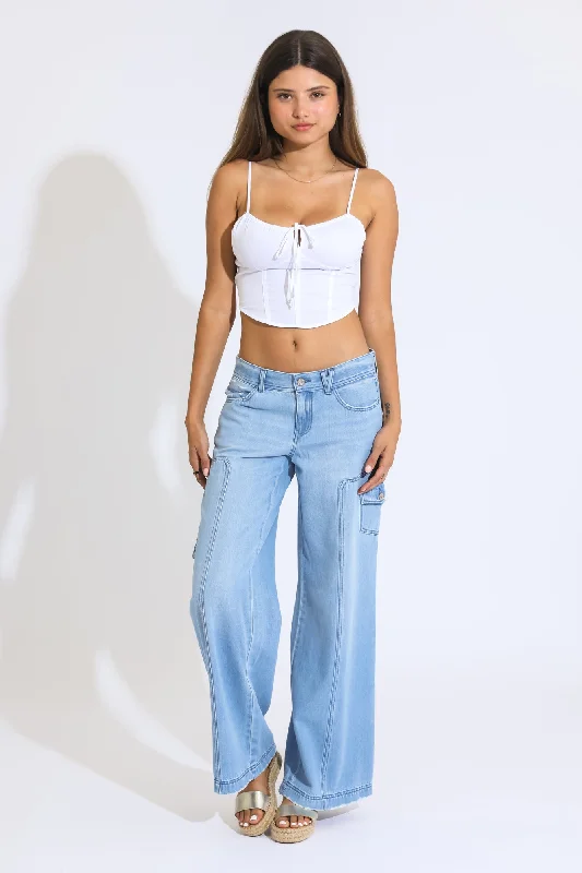 Maxine Low Rise Cargo Wide Leg Jeans - Light Indigo