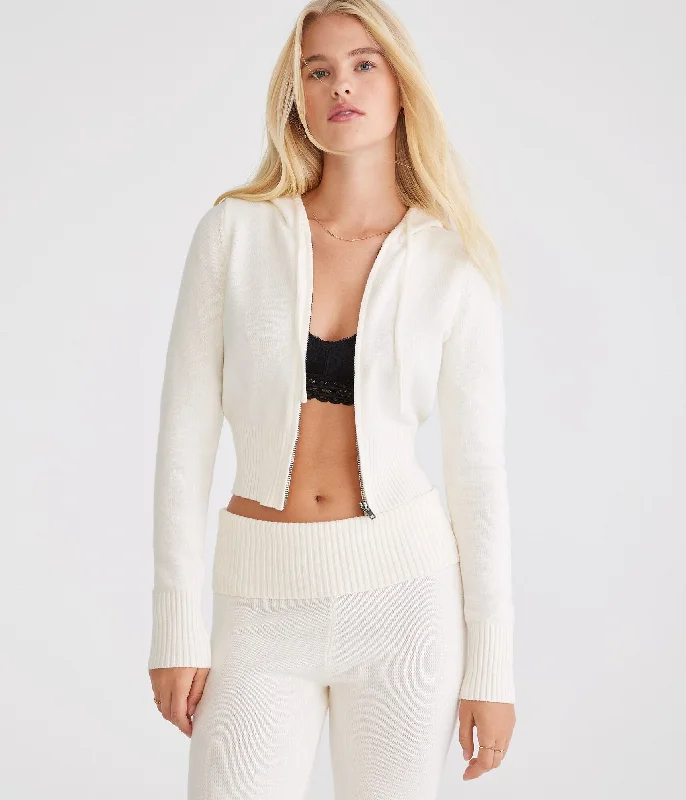 Aeropostale Solid Cropped Full-Zip Hooded Sweater