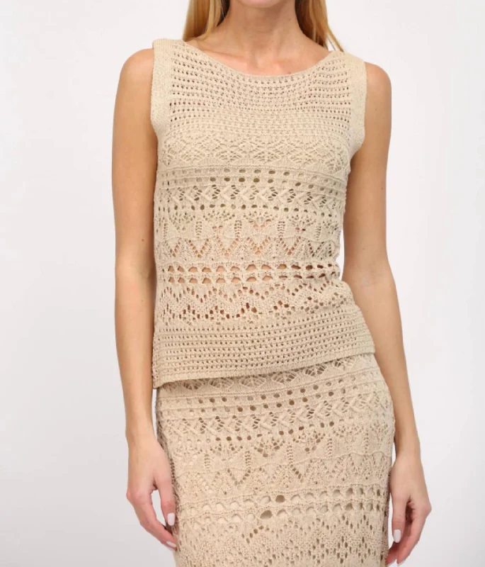 Boat Neck Sleeveless Crochet Top In Taupe