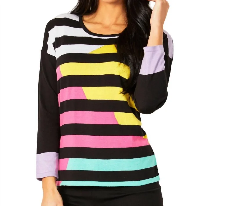 Multi Stripe Crew Neck Top In Black