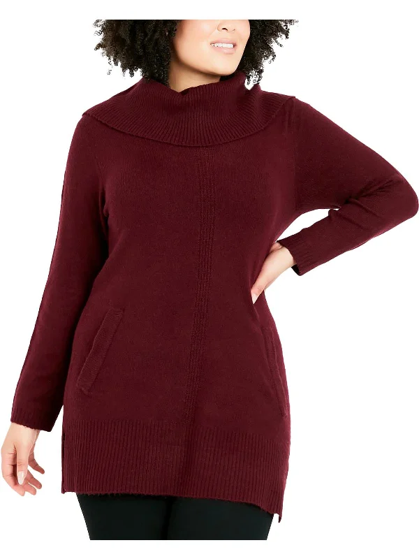 Plus Womens Cowl Neck Ribbed Trim Pullover Sweater