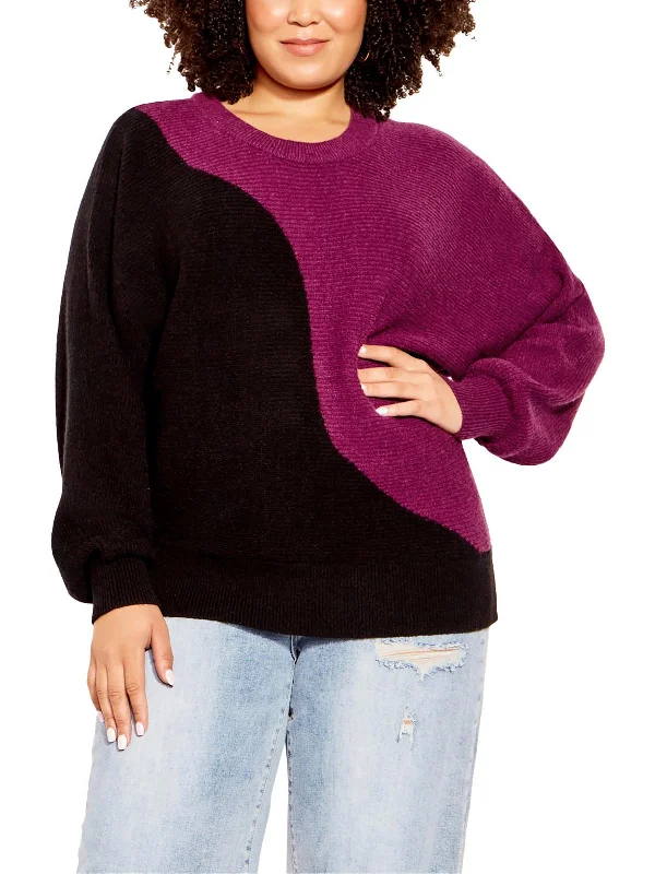 Plus Womens Knit Colorblock Crewneck Sweater