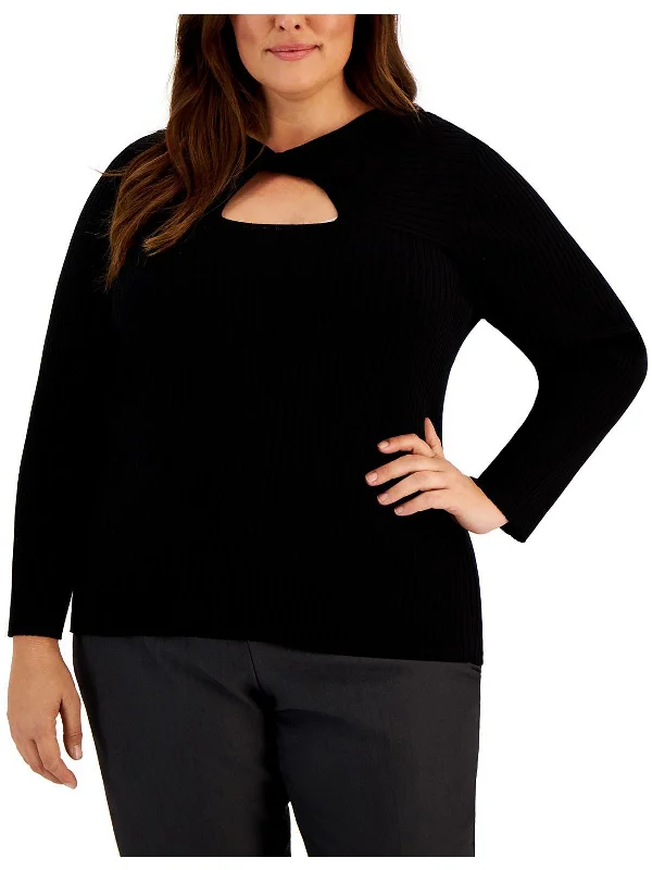 Plus Womens Ribbed Twist Neck Pullover Sweater