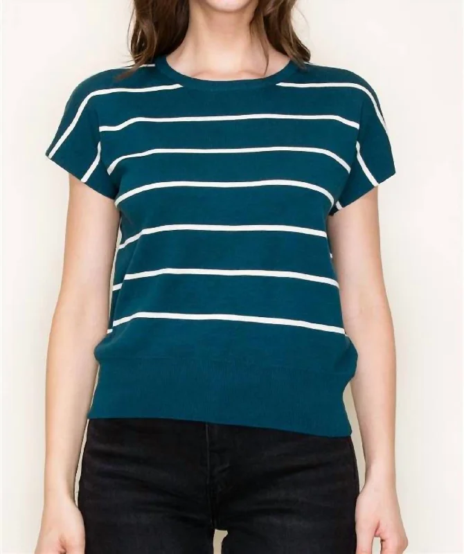 Striped Short Sleeve Sweater Top In Teal