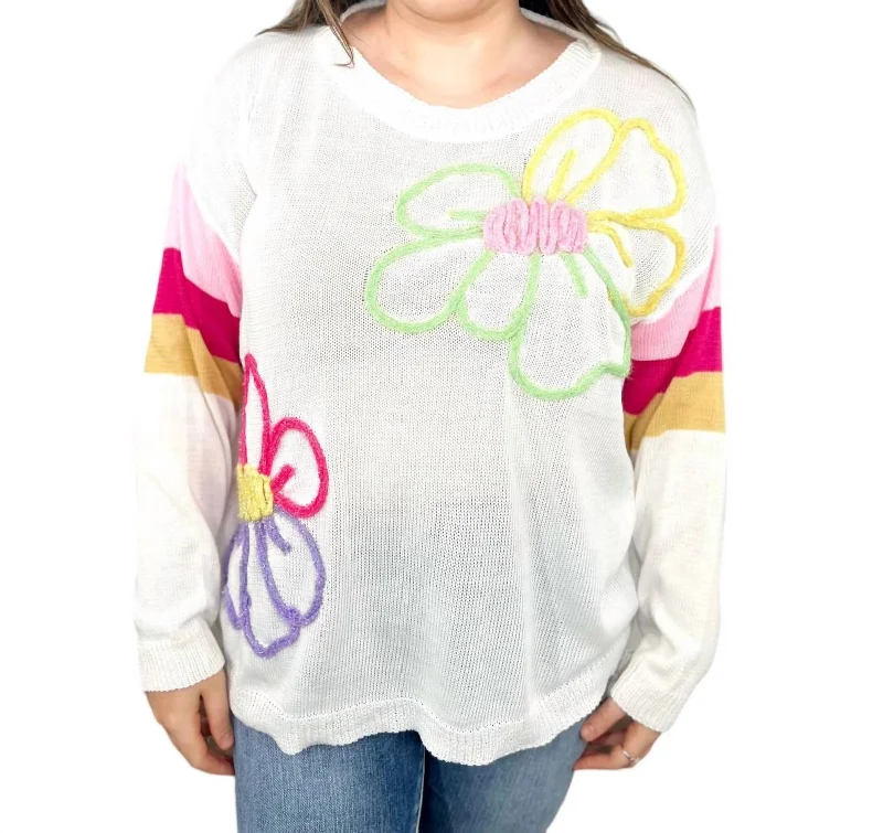 Striped Sleeve Flower Lightweight Sweater In Multi Color