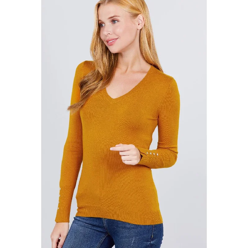 V-neck Sweater W/rivet Button