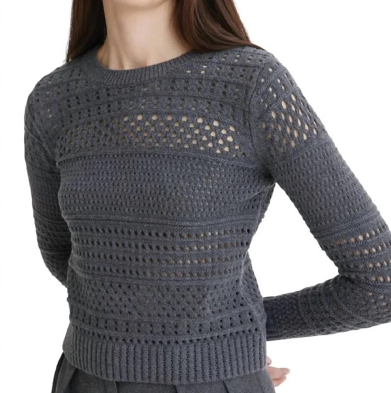 Variegated Knit Mesh Sweater In Charcoal Knit