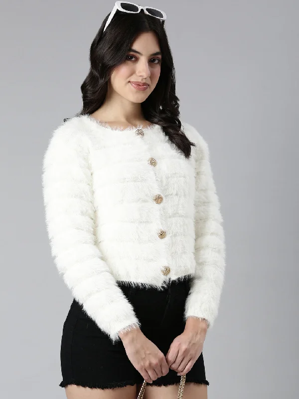 Women Solid Crop Cream Cardigan