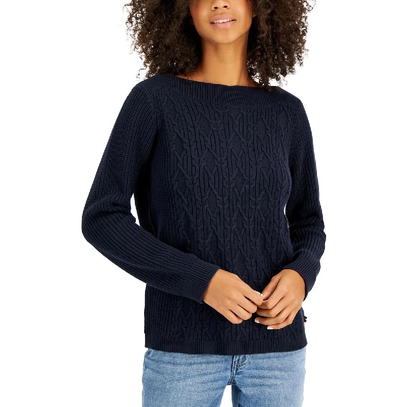 Womens Cable Knit Boat Neck Pullover Sweater