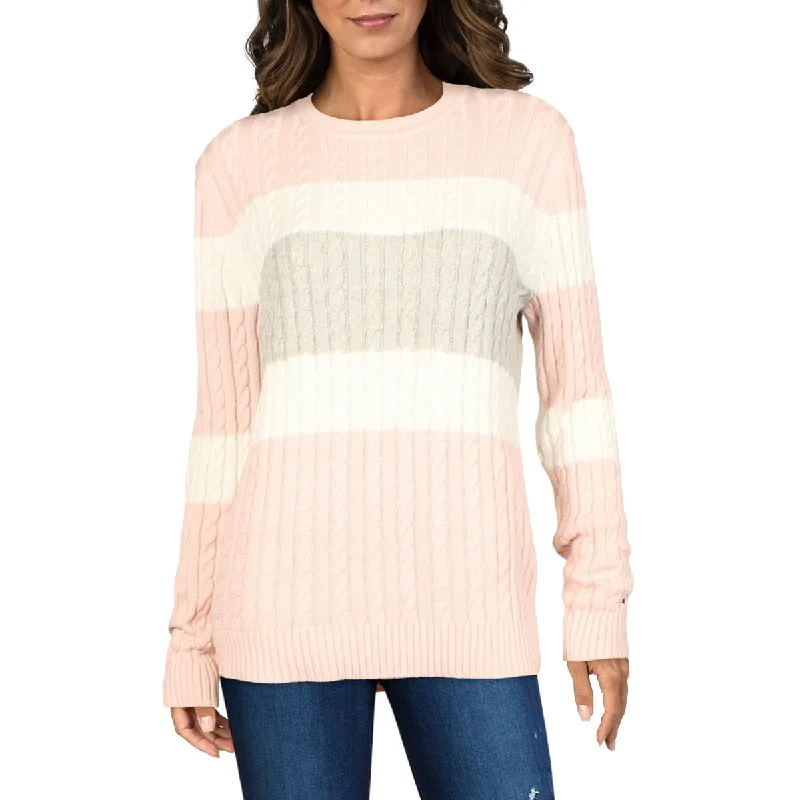 Womens Cable Knit Colorblock Crewneck Sweater