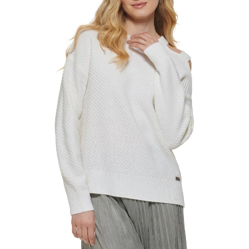 Womens Cold Shoulder Embellished Pullover Sweater