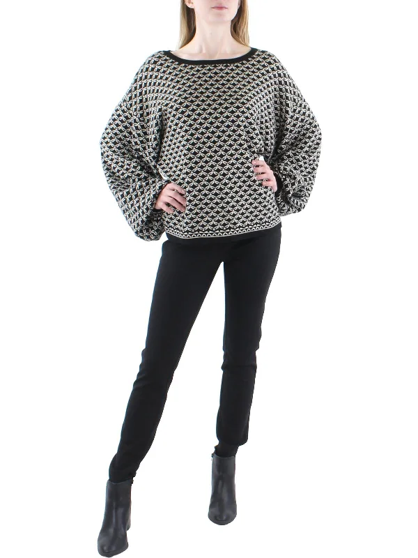 Womens Geometric Pattern Balloon Sleeves Pullover Sweater