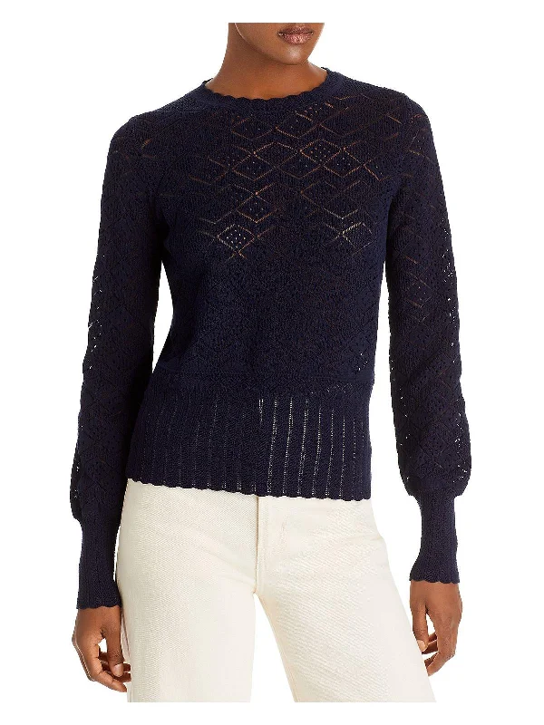 Womens Pointelle Crew Neck Pullover Sweater