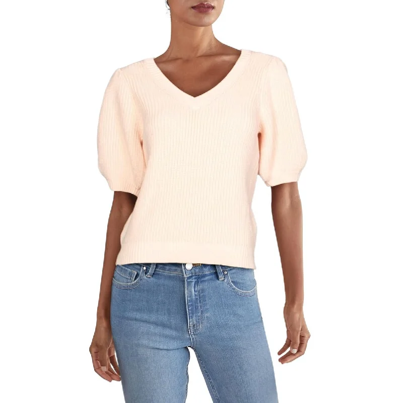 Womens Puff Sleeve V-Neck Pullover Sweater