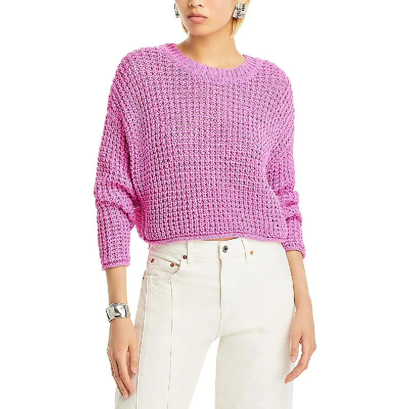 Womens Waffle Knit Crewneck Crop Sweater