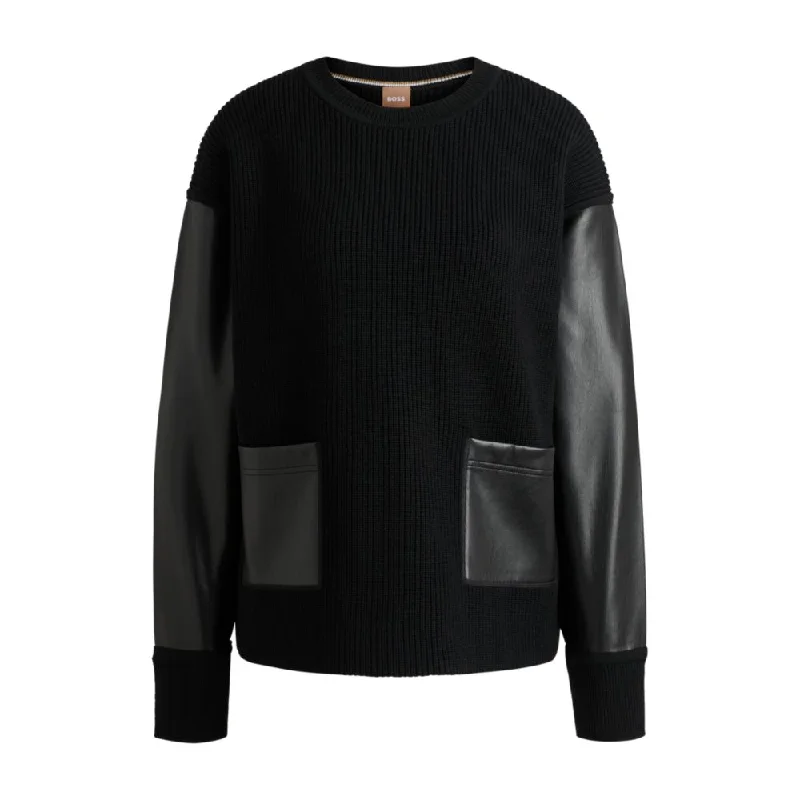 Wool sweater with faux-leather sleeves