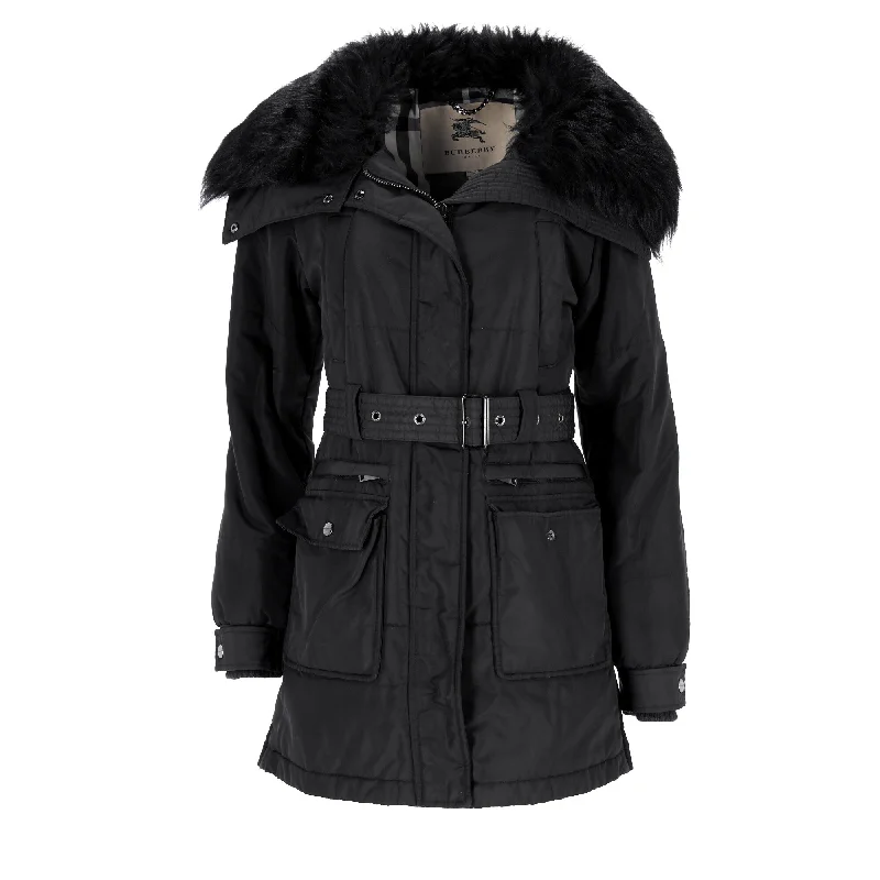 Burberry London Fur Trim Belted Trench Coat in Black Polyamide