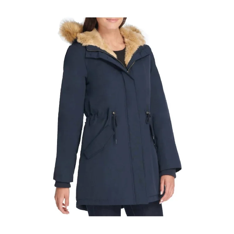 Faux Fur Trimmed Hooded Fishtail Parka Jacket In Blue