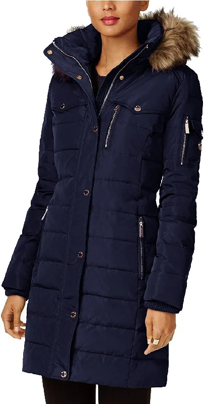 Michael Kors Faux Fur Trim Down Puffer Coat-Navy