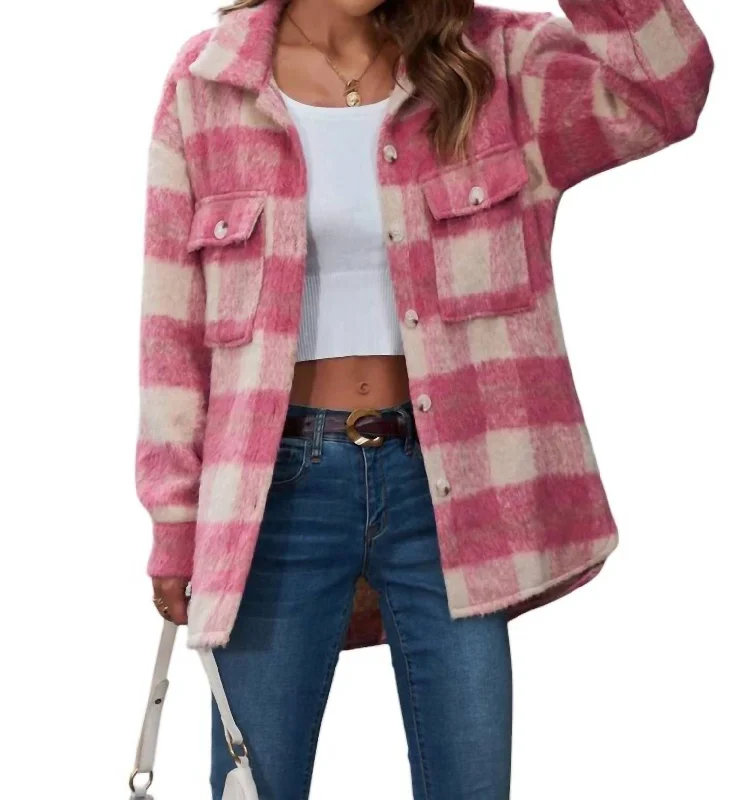 Plaid Fuzzy Shacket In Pink