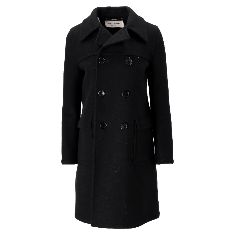 Saint Laurent Double-Breasted Coat in Black Wool