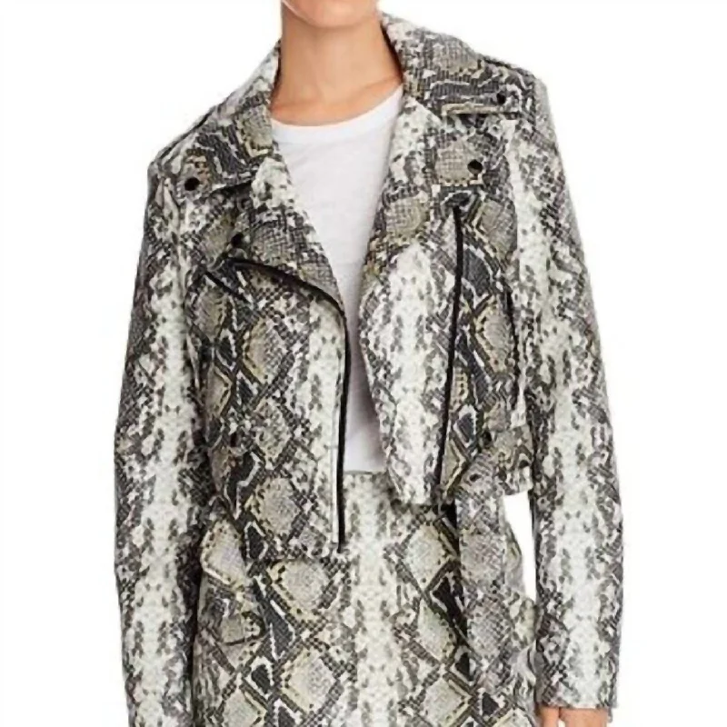 Snake Print Faux Leather Moto Jacket In Gray/black