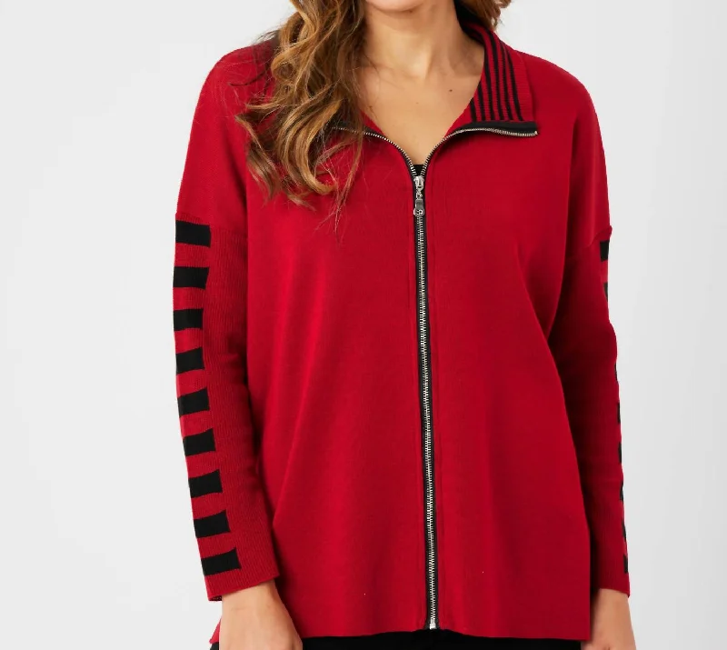 Stripe Sleeve Zip Jacket In Red/black