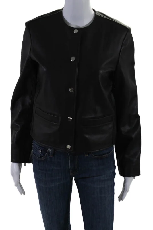 Theory Womens Long Sleeve Button Front Crew Neck Leather Jacket Black