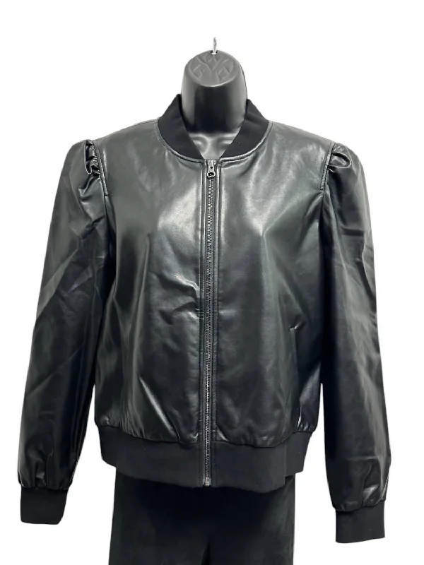 Women's Zip Up Faux Leather Bomber Jacket In Black